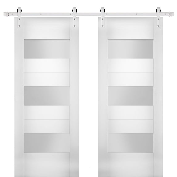 Modern Double Barn Door 48 x 80 inches with Opaque Glass / Sete 6003 White Silk / Stainless Steel 13FT Rail Track Set / Solid Panel Interior Doors