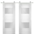 thumbnail image 1 of Modern Double Barn Door 48 x 84 inches with Opaque Glass 2 Lites / Sete 6222 White Silk / Stainless Steel 13FT Rail Track Set / Solid Panel Interior Doors, 1 of 4