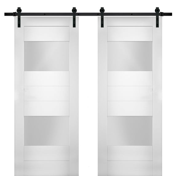 Modern Double Barn Door 48 x 96 inches with Opaque Glass 2 Lites / Sete 6222 White Silk / 13FT Rail Track Set / Solid Panel Interior Doors