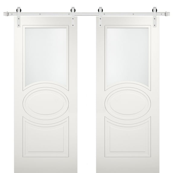 Modern Double Barn Door 48 x 96 inches with Opaque Glass / Mela 7012 Matte White / Stainless Steel 13FT Rail Track Set / Solid Panel Interior Doors