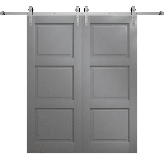 Modern Double Barn Door 56 x 80 inches | Ego 5010 Painted Grey Oak | 13FT Silver Rail Track Set | Solid Panel Interior Doors
