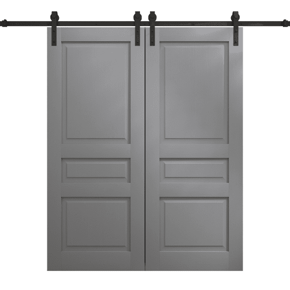 Modern Double Barn Door 56 x 80 inches | Ego 5012 Painted Grey Oak | 13FT Rail Track Set | Solid Panel Interior Doors