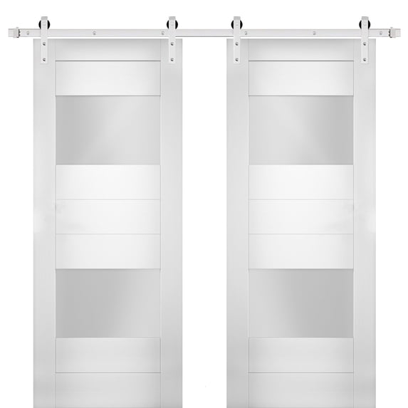 Modern Double Barn Door 56 x 80 inches with Opaque Glass 2 Lites / Sete 6222 White Silk / Stainless Steel 13FT Rail Track Set / Solid Panel Interior Doors