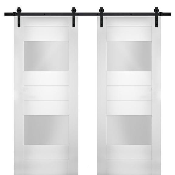 Modern Double Barn Door 56 x 80 inches with Opaque Glass 2 Lites / Sete 6222 White Silk / 13FT Rail Track Set / Solid Panel Interior Doors