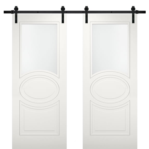 Modern Double Barn Door 56 x 80 inches with Opaque Glass / Mela 7012 Matte White / 13FT Rail Track Set / Solid Panel Interior Doors