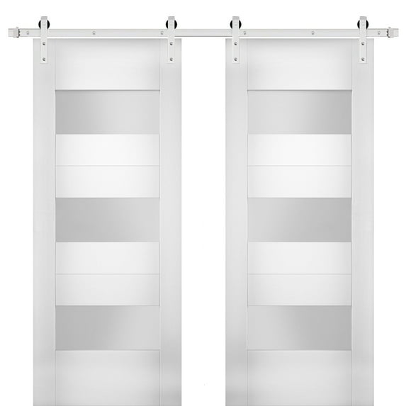 Modern Double Barn Door 56 x 84 inches with Opaque Glass / Sete 6003 White Silk / Stainless Steel 13FT Rail Track Set / Solid Panel Interior Doors