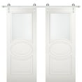 thumbnail image 1 of Modern Double Barn Door 56 x 96 inches with Opaque Glass / Mela 7012 Matte White / Stainless Steel 13FT Rail Track Set / Solid Panel Interior Doors, 1 of 4