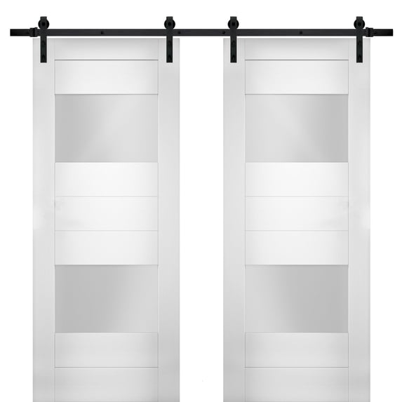 Modern Double Barn Door 60 x 80 inches with Opaque Glass 2 Lites / Sete 6222 White Silk / 13FT Rail Track Set / Solid Panel Interior Doors