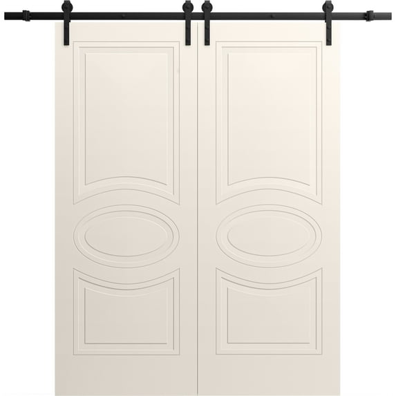 Modern Double Barn Door 60" x 96" inches / Mela 7001 Painted Creamy / 13FT Rail Track Set / Solid Panel Interior Doors