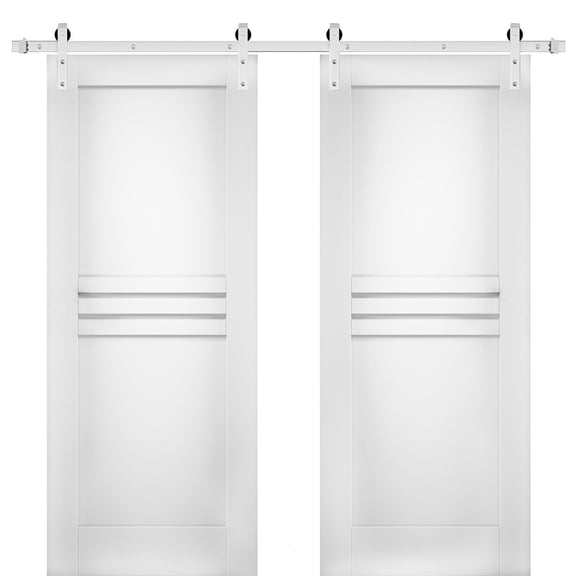 Modern Double Barn Door 64 x 80 inches / Mela 7444 White Silk / Stainless Steel 13FT Rail Track Set / Solid Panel Interior Doors