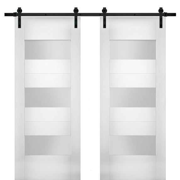 Modern Double Barn Door 64 x 80 inches with Opaque Glass / Sete 6003 White Silk / 13FT Rail Track Set / Solid Panel Interior Doors