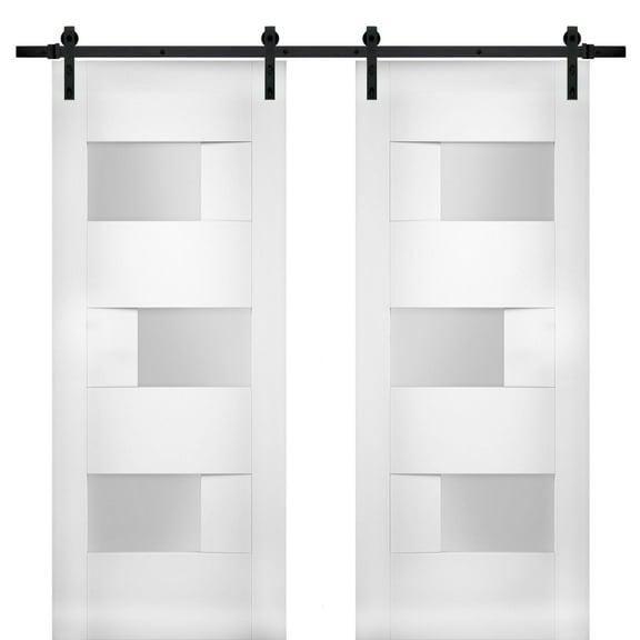 Modern Double Barn Door 64 x 80 inches with Opaque Glass / Sete 6933 White Silk / 13FT Rail Track Set / Solid Panel Interior Doors