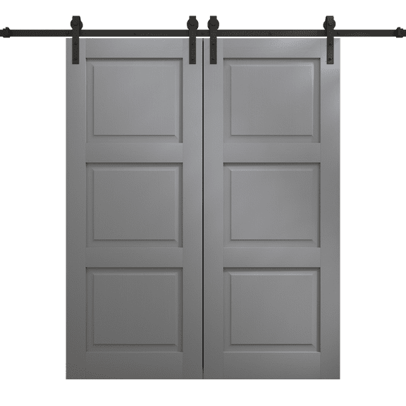 Modern Double Barn Door 64 x 84 inches | Ego 5010 Painted Grey Oak | 13FT Rail Track Set | Solid Panel Interior Doors