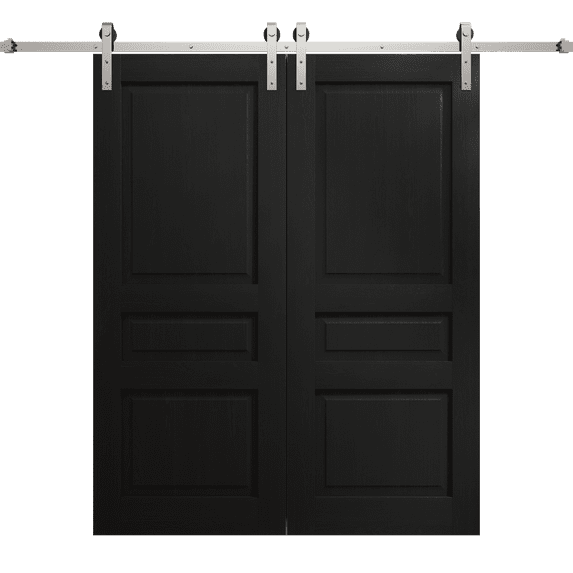 Modern Double Barn Door 64 x 84 inches | Ego 5012 Painted Black Oak | 13FT Silver Rail Track Set | Solid Panel Interior Doors