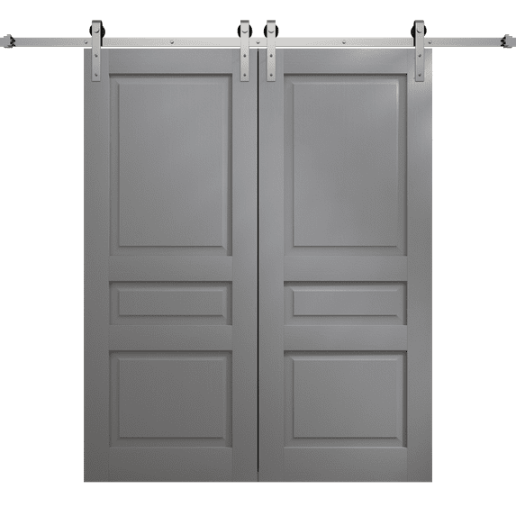 Modern Double Barn Door 64 x 84 inches | Ego 5012 Painted Grey Oak | 13FT Silver Rail Track Set | Solid Panel Interior Doors
