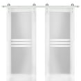 thumbnail image 1 of Modern Double Barn Door 64 x 84 inches with Opaque Glass 4 Lites / Mela 7222 White Silk / Stainless Steel 13FT Rail Track Set / Solid Panel Interior Doors, 1 of 4