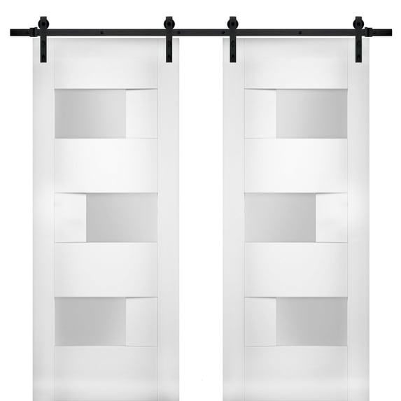 Modern Double Barn Door 64 x 84 inches with Opaque Glass / Sete 6933 White Silk / 13FT Rail Track Set / Solid Panel Interior Doors