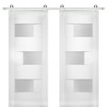 thumbnail image 1 of Modern Double Barn Door 64 x 96 inches with Opaque Glass / Sete 6933 White Silk / Stainless Steel 13FT Rail Track Set / Solid Panel Interior Doors, 1 of 6