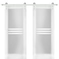 thumbnail image 1 of Modern Double Barn Door 72 x 80 inches with Opaque Glass 4 Lites / Mela 7222 White Silk / Stainless Steel 13FT Rail Track Set / Solid Panel Interior Doors, 1 of 5