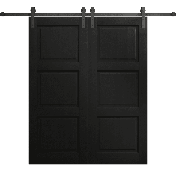 Modern Double Barn Door 72 x 84 inches | Ego 5010 Painted Black Oak | 13FT Rail Track Set | Solid Panel Interior Doors
