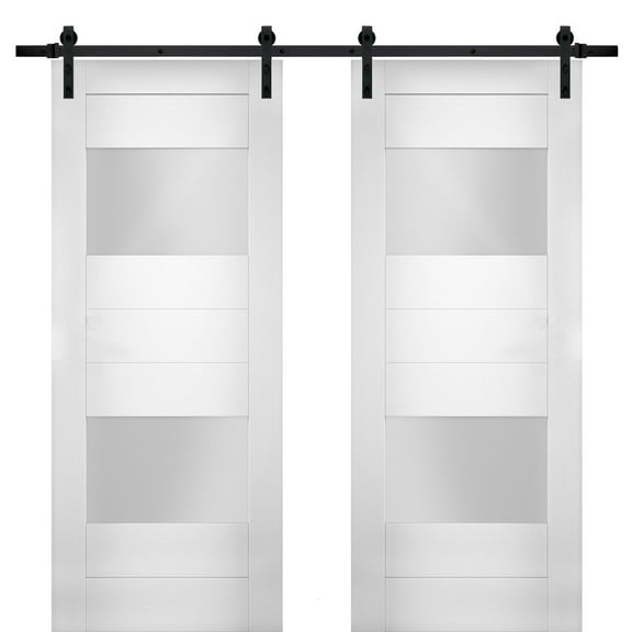 Modern Double Barn Door 72 x 84 inches with Opaque Glass 2 Lites / Sete 6222 White Silk / 13FT Rail Track Set / Solid Panel Interior Doors