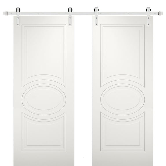 Modern Double Barn Door 84 x 80 inches / Mela 7001 Matte White / Stainless Steel 14FT Rail Track Set / Solid Panel Interior Doors