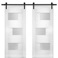 thumbnail image 1 of Modern Double Barn Door 84 x 80 inches with Opaque Glass / Sete 6933 White Silk / 14FT Rail Track Set / Solid Panel Interior Doors, 1 of 6