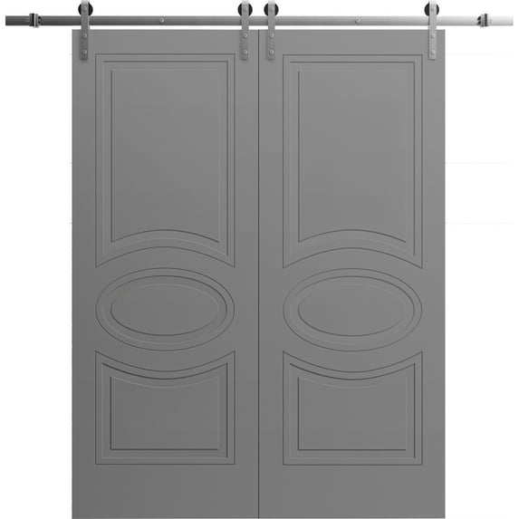 Modern Double Barn Door 84" x 84" inches / Mela 7001 Painted Grey / 13FT Silver Rail Track Set / Solid Panel Interior Doors