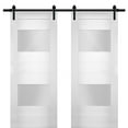thumbnail image 1 of Modern Double Barn Door 84 x 84 inches with Opaque Glass 2 Lites / Sete 6222 White Silk / 14FT Rail Track Set / Solid Panel Interior Doors, 1 of 3