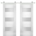 thumbnail image 1 of Modern Double Barn Door 84 x 84 inches with Opaque Glass / Sete 6003 White Silk / Stainless Steel 14FT Rail Track Set / Solid Panel Interior Doors, 1 of 4