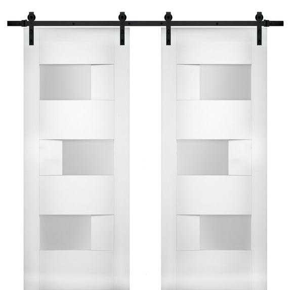 Modern Double Barn Door 84 x 84 inches with Opaque Glass / Sete 6933 White Silk / 14FT Rail Track Set / Solid Panel Interior Doors