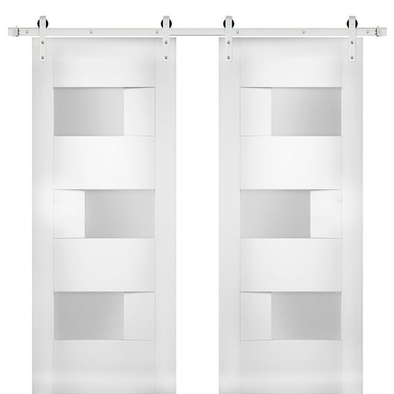 Modern Double Barn Door 84 x 84 inches with Opaque Glass / Sete 6933 White Silk / Stainless Steel 14FT Rail Track Set / Solid Panel Interior Doors