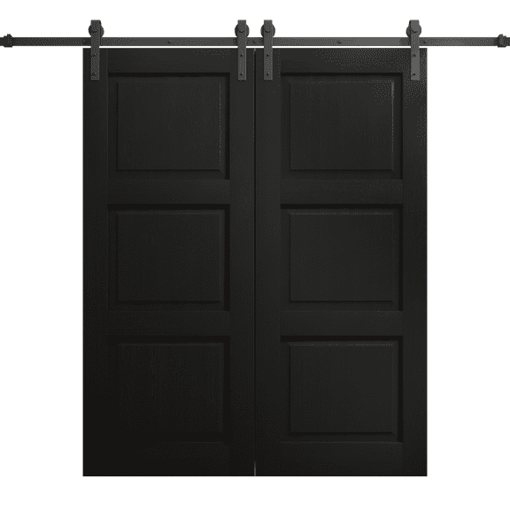 Modern Double Barn Door 84 x 96 inches | Ego 5010 Painted Black Oak | 14FT Rail Track Set | Solid Panel Interior Doors