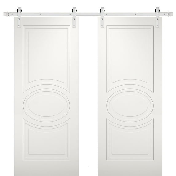Modern Double Barn Door 84 x 96 inches / Mela 7001 Matte White / Stainless Steel 14FT Rail Track Set / Solid Panel Interior Doors