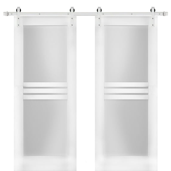 Modern Double Barn Door 84 x 96 inches with Opaque Glass 4 Lites / Mela 7222 White Silk / Stainless Steel 14FT Rail Track Set / Solid Panel Interior Doors