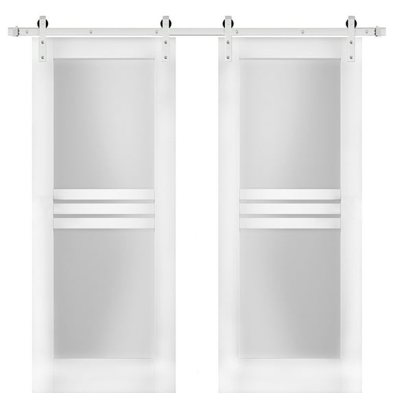 Modern Double Barn Door 84 x 84 inches with Opaque Glass 4 Lites / Mela 7222 White Silk / Stainless Steel 14FT Rail Track Set / Solid Panel Interior Doors