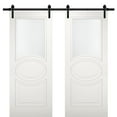 thumbnail image 1 of Modern Double Barn Door with Opaque Glass / Mela 7012 Matte White / 13FT Rail Track Set / Solid Panel Interior Doors, 1 of 4