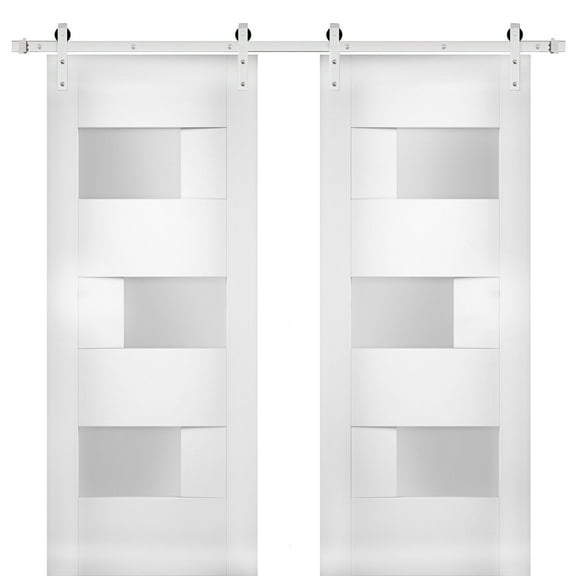 Modern Double Barn Door with Opaque Glass / Sete 6933 White Silk / Stainless Steel 13FT Rail Track Set / Solid Panel Interior Doors