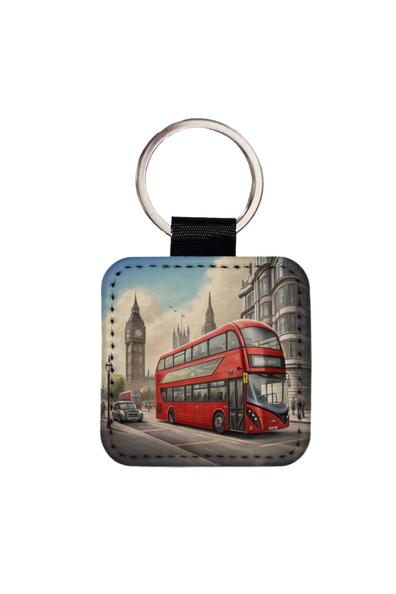 Modern Double Decker Bus In London England Faux Leather Square Keychain