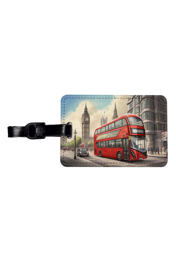 Modern Double Decker Bus In London England Faux Leather Travel Luggage Tag