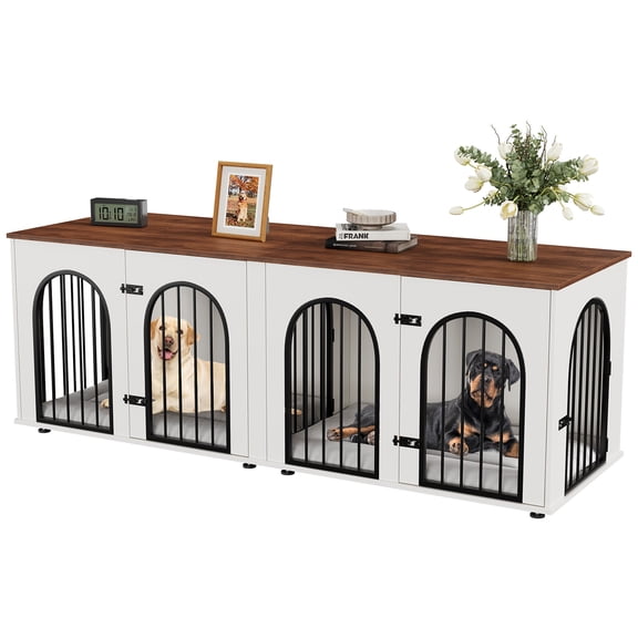 Modern Double Dog Crate Furniture for 2 Large/Medium Dogs – 71'' Large Indoor Wooden Kennel – Removable Divider, Cushions, End Table Design – TV Stand – White