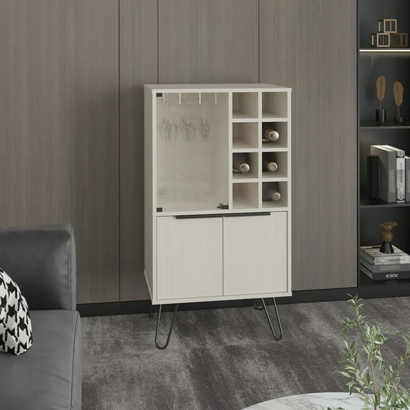 Modern Double Door Cabinet With Stemware Slots - 23" Wide, 43 Inches Tall White Washed Ample Storage Bar For Kitchen Pantry And Dining Room Use