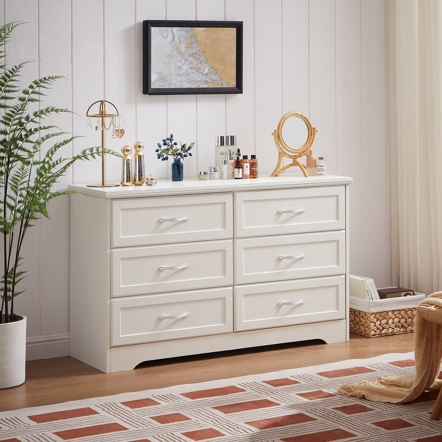 Modern Double Drawer Bedroom Chest of Drawers with 6 Drawers Dresser, Clothes Organizer -Metal Pulls for Living Room, Bedroom, Hallway, White