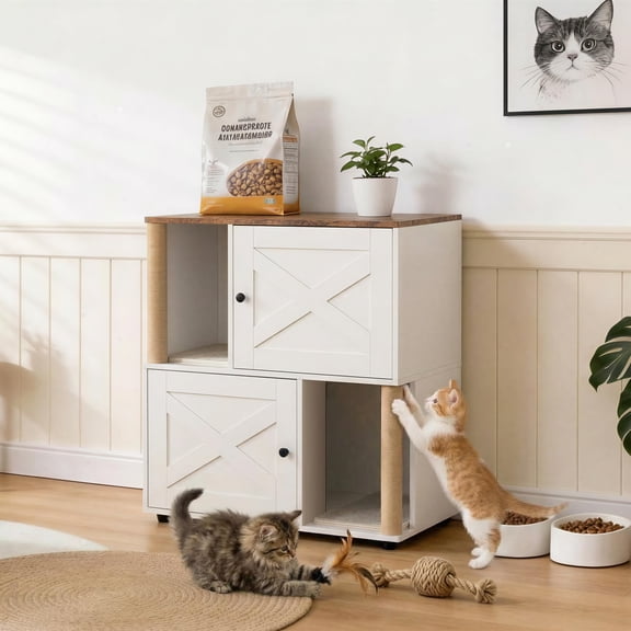 Modern Double-Layer Cat Litter Box Enclosure for 2 Cats - Hidden Dual-Layer Cabinet with Built-in Sisal Marking Post, 2 Litter Mats - Dog-Proof Large Wooden End Table - X-door White