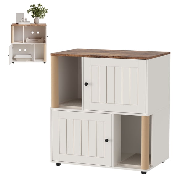 Modern Double-Layer Cat Litter Box Enclosure for 2 Cats - Hidden Litter Cabinet with Marking Post, Mats - Large Dog-Proof Indoor End Table, Enclosed Cat Washroom - Grooved Door White