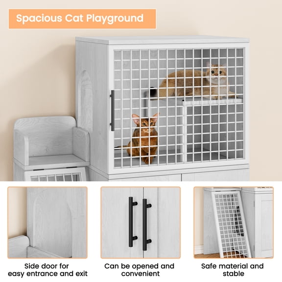 Modern Double-Layer Cat Litter Box Enclosure Furniture - Hidden Cat Washroom with Sturdy Ladder & Spacious Platform - Fits Large Litter Boxes - Cat Condo Cabinet for Indoor Living Room - White