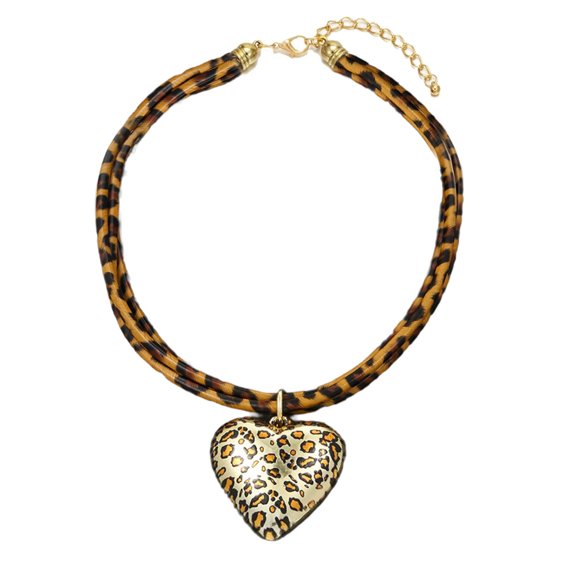 Modern Double Layer Necklace with Heart Charm and Leopard Pattern Cord Accessory Adjustable Length Clavicle Chain