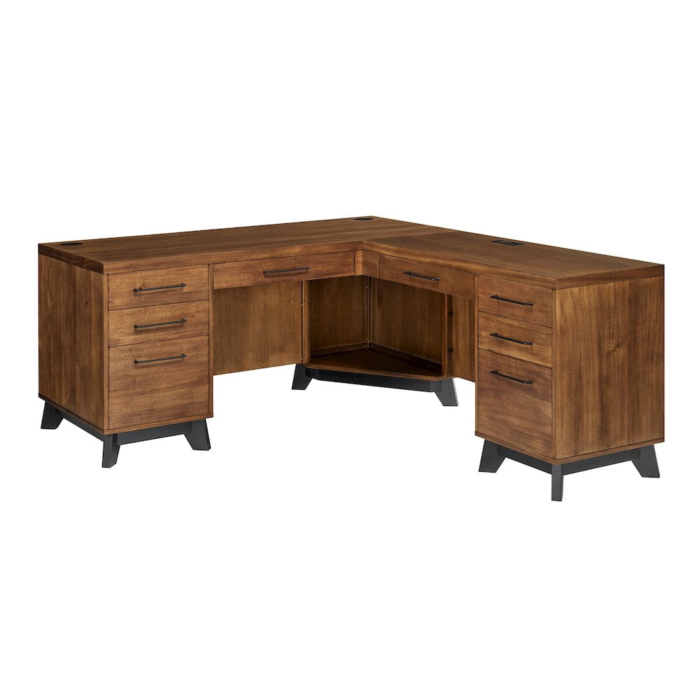 Modern Double Pedestal L-Desk Wood Office Desk Rich Medium Brown