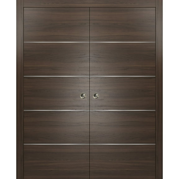 Modern Double Pocket Doors | Planum 0020 Chocolate Ash | Kit Trims Rail Hardware | Solid Wood Interior Bedroom Sliding Closet Sturdy Door-36" x 84" (2* 18x84)