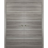 Modern Double Pocket Doors | Planum 0020 Ginger Ash | Kit Trims Rail Hardware | Solid Wood Interior Bedroom Sliding Closet Sturdy Door-36" x 84" (2* 18x84)